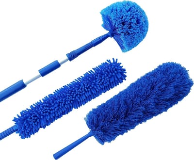Microvezel Stof Set - Telescopische Plumeau - Hoge Plekken Reinigen - Buigbare Kop - Tot 6 Meter - Blauw