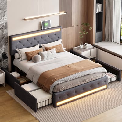 Modern tweepersoonsbed met 4 lades, 140x200cm gestoffeerd bed met LED-lamp, hoofdbord en 4 lades met USB-oplaadfunctie, platformbedframe, grijs linnen, zonder matras (splitsen voor 2 pakketten voor verzending)