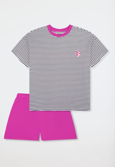 Korte pyjama met strepen in de kleuren citrus en fuchsia - Teens Nightwear 140