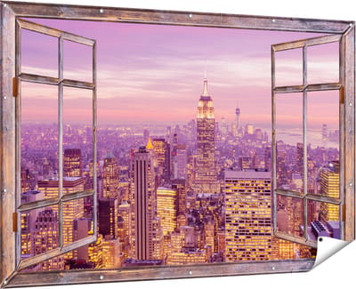 Gards Tuinposter Doorkijk New York Skyline met Lichten bij Zonsondergang - 180x120 cm - Tuindoek - Tuindecoratie - Wanddecoratie buiten - Tuinschilderij