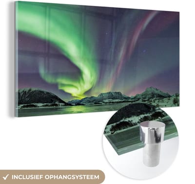 MuchoWow® Glasschilderij 40x20 cm - Schilderij acrylglas - Noorderlicht - IJs - Paars - Groen - Foto op glas - Schilderijen