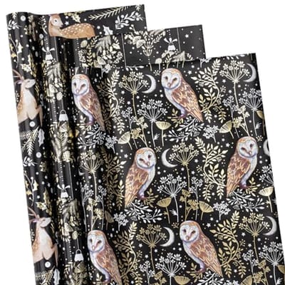Kerst Inpakpapier Rol met Metallic Folie - Mini Rol - 43cm x 3m - Uil, Rendier en Kerstbal