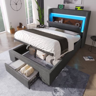 Gestoffeerd bed 90x200 cm met hydraulische opbergruimte en hoofdbord met opbergvak, ledverlichting en USB- en USB-C-poorten, lattenbodem van hout, grijs, linnen, exclusief matras