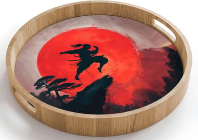 Dienblad rond 40x40 cm - Schootdienblad hout - Zon - Krijger - Bomen - Bergen - Borrelplank rechthoek - Plateau houten dienbladen