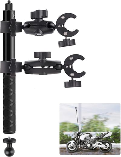 Action Camera Holder - Motorcycle - Bicycle - Handlebar Clamp - 47" Invisible Selfie Stick - Compatible with Insta 360 X4 X3 X2 X RS GO 3 - Dual Clamp Camera Bicycle Holder