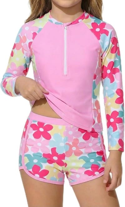 Meisjes 2-delige Set Lange Mouwen UV Zonbescherming Badmode met Shorts en Halve Rits - Tie Dye Zeemeermin Eenhoorn Flamingo Bloemen Zwemoutfit 3-7 Jaar