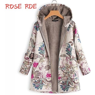 Retro jas bloemen casual lange mouw rits fleece jas manteaux dames dames thermische zak hoodie S rood