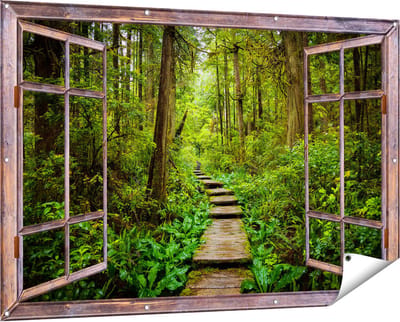 Gards Tuinposter Doorkijk Voetpad in het Bos met Groene Planten - 150x100 cm - Tuindoek - Tuindecoratie - Wanddecoratie buiten - Tuinschilderij