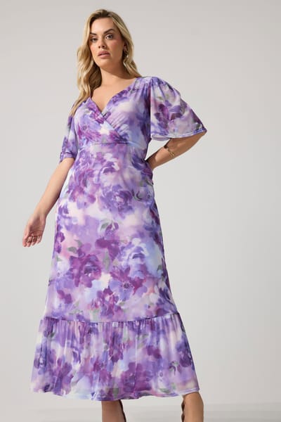 Yours London Paarse Wikkeljurk Met Bloemenprint En Gerimpelde Zoom Size 42