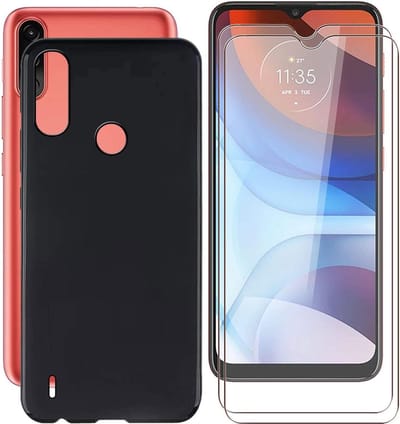 Casemania Hoesje Geschikt voor Motorola Moto E7i Power Zwart 2X Glazen Screenprotectors - Siliconen Back Cover