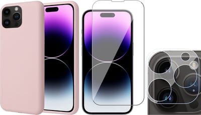 Hoesje geschikt voor iPhone 14 Pro - Screenprotector GlassGuard & Camera Lens Screen Protector - Back Cover Case SoftTouch Roze