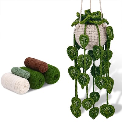OUYLAF Haakpakket voor Beginners - Haakset voor hangende potplanten met - decoratie (groene grasplanten) - Compleet DIY Starterspakket
