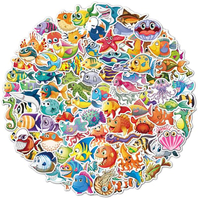 100 grappige Stickers met Vissen & andere Zeedieren - Mega Set Vinyl Stickers, geschikt voor kinderen