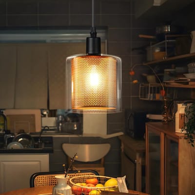 Glitzerlife - Hanglampen - vintage retro design - 1xE14 - met stekker en schakelaar - glazen hanglamp met metalen kap - Ø13cm - goud - hanglampen woonkamer slaapkamer
