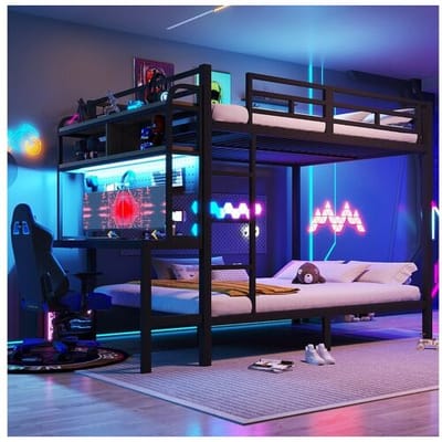 Merax Kinderstapelbed - 2 x 140 x 200 cm - ijzeren frame - met bureau + LED-verlichting + USB-poort + plank - metaal - zwart