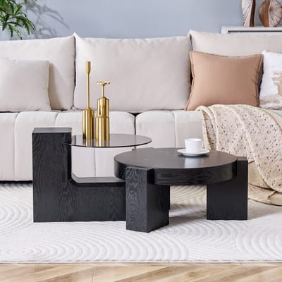 MODFU Salontafelset - Rond Tweelaags Afneembaar Ontwerp - Woonkamer - MDF En Glas - Zwart - 61 Cm