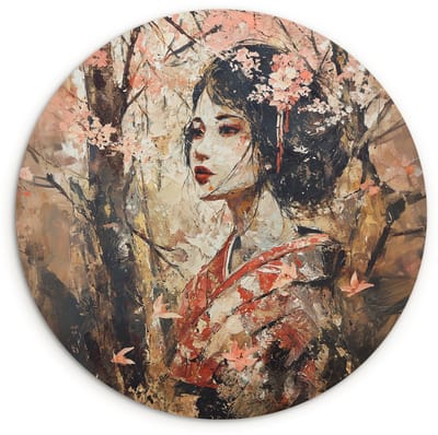 WallCircle® Wandcirkel 120x120 cm - Muurcirkel Kimono - Vrouw - kersenbomen - Muurdecoratie woonkamer - Wanddecoratie slaapkamer - Kamer decoratie accessoires - Ronde schilderijen XXL