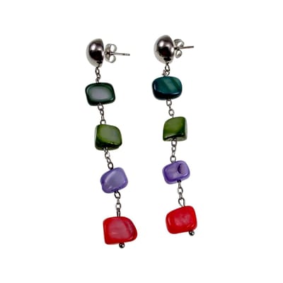 Oorknopjes Bol met Ketting en Kleurrijke Schelpstenen, Lange Oorbellen Dames, RVS - Lengte 74 mm - Handgemaakt door esde2