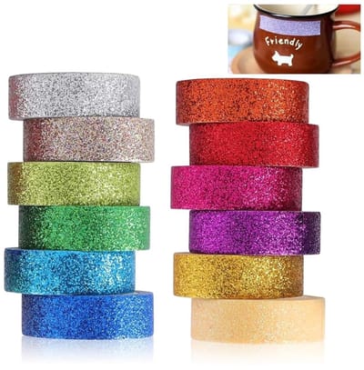 Verpakking met 12 rollen Washi tape - Decoratieve glitter Washi tape - Decoratieve afplaktape - Glitter plakband - Regenboog glittertape - Geschikt voor knutselprojecten en scrapbooking - 15 mm x 2 m