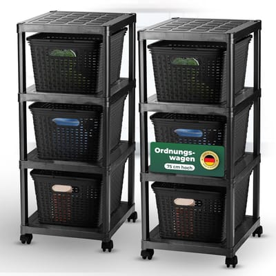 Novaliv 2x rolwagen 4 niveaus met rotan mand zwart, badkamerplank badkamerplank badkamer keuken organisatiewagen zijwagen universele wagen schoonmaakwagen organisatiewagen schuifkast opbergorganizer