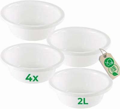 Novaliv 4x Ronde Afwaskommen 2L, D24 cm, Wit, BPA-vrij, Vaatwasserbestendig, Ideaal voor keuken en camping, kleine ronde kom, kleine plastic kom, kleine waskom, plastic kom
