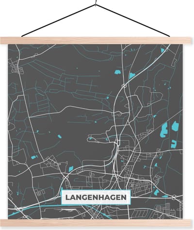 Posterhanger incl. Poster 60x60 cm - Schoolplaat - Langenhagen – Stadskaart – Blauw – Plattegrond – Stadskaart – Kaart - Duitsland - Textielposter - Blanke latten - Stadskaart