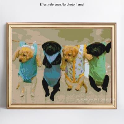 Peinture au Diamant Plein Rond Animal Quatre Chiens Mignons Broderie Diamant Mosaïque Point de Croix Strass 20X30CM black