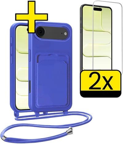 Hoesje Geschikt voor iPhone Air Telefoonhoesje Met Koord Case Pashouder Met 2x Screenprotector Siliconen - Hoes Geschikt voor iPhone Air Hoesje Met Kaarthouder - Felblauw