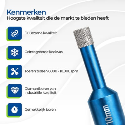 MCETOOLS Diamantboor Ø10 mm – M14 Aansluiting – Voor Tegels, Glas, Marmer & Graniet – Met Koelwas (60 mm Lengte)
