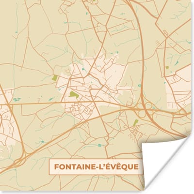 Poster Vintage - Fontaine-L'Évêque - Kaart - Plattegrond - Stadskaart - 100x100 cm XXL