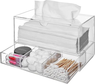 Acryl Organizer Box - Cosmetica Houder - Badkamer Opbergen - Met Tissue Dispenser - 9.25 x 6.25 x 5 Inch