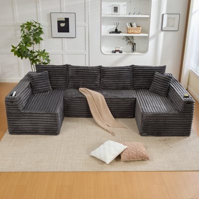 MIVRAY U-Bank 320 x 155 cm - Met Bekerhouders en Zijvakken - Voor Woonkamer en Relaxruimte - Ribstof - Donkergrijs