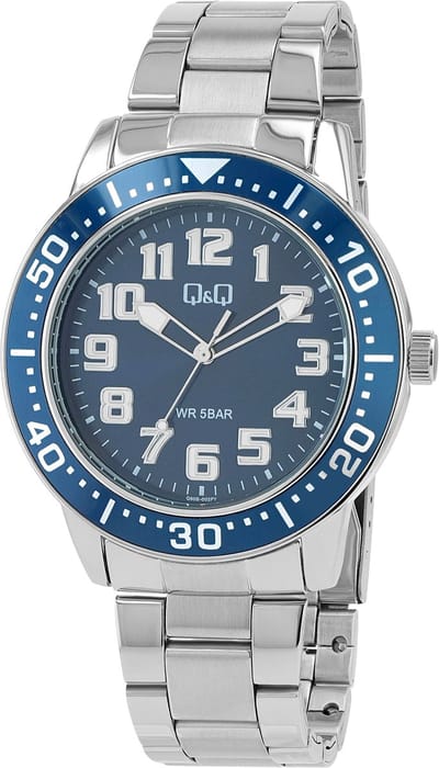 Q&Q-model Q60b-002py-Herenhorloge-diameter 45 mm-5 atm waterdicht-stoer model-staal-blauw/zilver