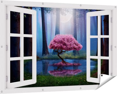 Gards Tuinposter Doorkijk Roze Boom op een Vijver in de Nacht - 150x100 cm - Tuindoek - Tuindecoratie - Wanddecoratie buiten - Tuinschilderij