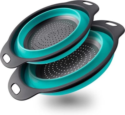 2 stuks zeef, vergiet, opvouwbare zeef, keuken, siliconen, vergiet met handvat, ruimtebesparende siliconen zeef, vergiet voor buiten, camping, keuken, inclusief 2 maten, blauw, 30 cm en 25 cm