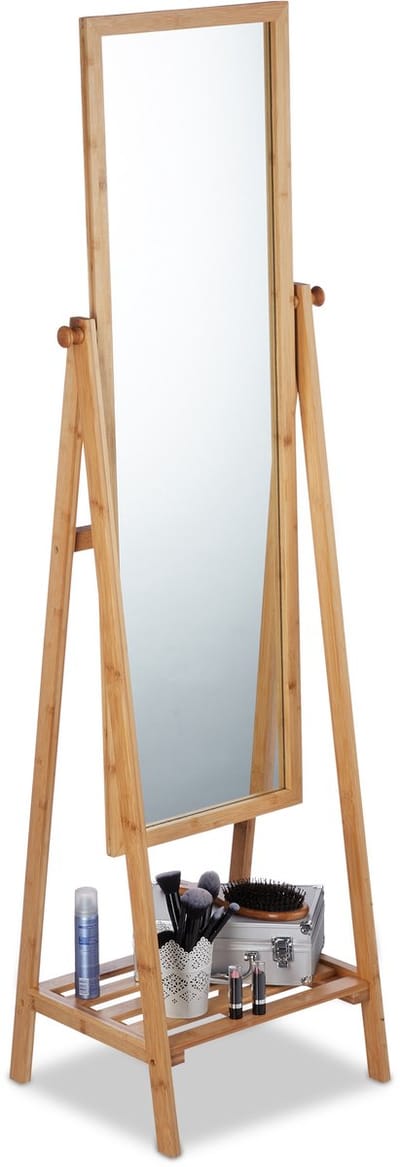staande spiegel bamboe - draaibaar - met opbergplank - 160x40x36 cm - op pootjes