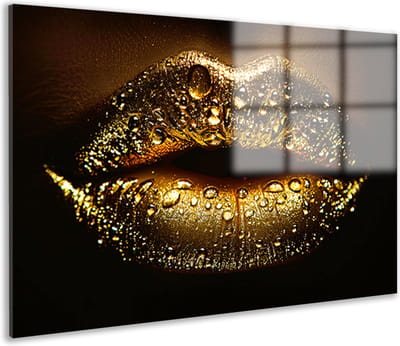 Glasschilderij 150x100 cm - Gouden lippen - Wanddecoratie - Zwart - Goud - Muurdecoratie modern - Woonkamer schilderijen - Plexiglas