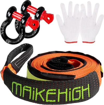 Sleepkabelset 5 meter x 5 centimeter, 10 ton (22.000 lbs) polyester sleepkabel voor off-road herstel - inclusief 2 versterkte haken en 2 handschoenen