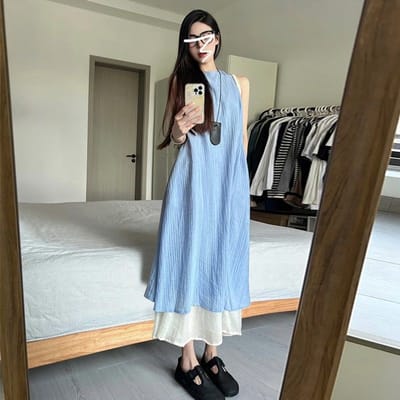 Nep tweedelige jurk dameskleding zomer nieuw los en dun hanger temperament lange rok XXL blauw