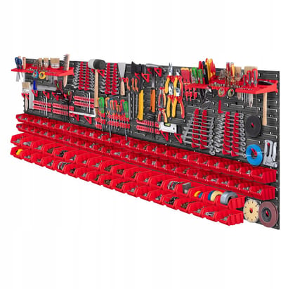 KADAX Gereedschapswandrek, groot, 232 x 78 cm, opslagsysteem van robuust kunststof, uv-bestendig modulesysteem, uitbreidbare wandplaten, werkplaatsrek voor garage (rood, 174 stuks)