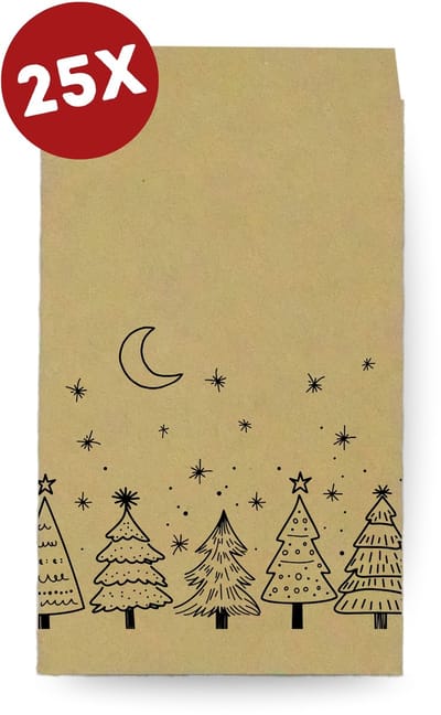 25 kleine kraft zakjes KERSTBOMEN - Traktatiezakjes - Uitdeelzakjes - Snoepzakjes - 8,5 x 13,2 cm
