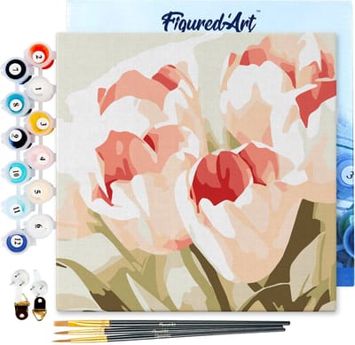 Figured'Art Mini Schilderen op Nummer Volwassenen 20x20cm met lijst Bloeiende tulpen - Klein Formaat Creatieve Hobby Kit DIY Art Nummer Compleet