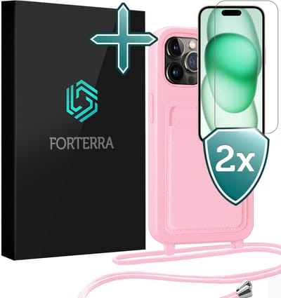 Hoesje Geschikt voor iPhone 14 Pro Pashouder Case Siliconen Hoes Met Koord Met 2x Screenprotector - Hoes Geschikt voor iPhone 14 Pro Met Telefoonkoord Hoesje Back Cover Met Pasjeshouder - Lichtroze