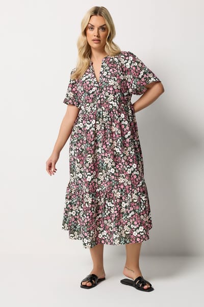 Yours Zwarte Jurk Met Bloemenprint En Plooien Size 42