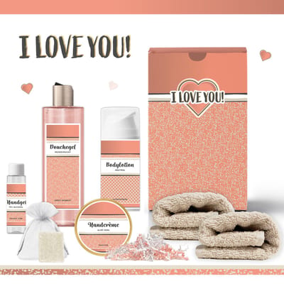 Geschenkset “I love you” - 7 producten - 530 gram | Giftset voor haar - Luxe wellness cadeaubox vrouw - Cadeau Ik hou van jou - Cadeaupakket Verjaardag - Gift Valentijn - Kerst Cadeautje - Set Speciaal voor jou - Vriendin - Moeder - Moederdag - Roze