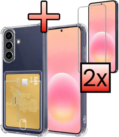 Hoesje - Geschikt voor Samsung Galaxy A57 - Met 2x Screenprotector - Pashouder - Kaarthouder - Telefoon Hoes Shockproof - Siliconen Case - Back Cover - Shock Proof - Pasjes Houder - Transparant