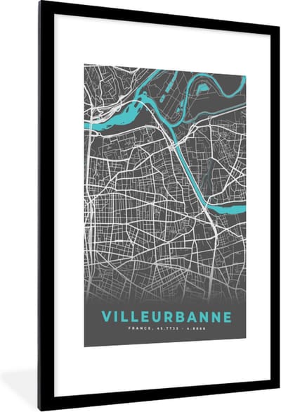 Fotolijst incl. Poster - Villeurbanne - Stadskaart - Kaart - Plattegrond - Frankrijk - 60x90 cm - Posterlijst