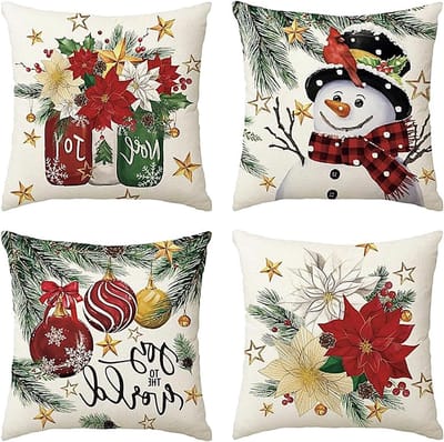 Set van 4 Kerstkussenslopen, Linnen Decoratieve Kussens, Sneeuwpop, Kerstballen en Kerstster Motieven