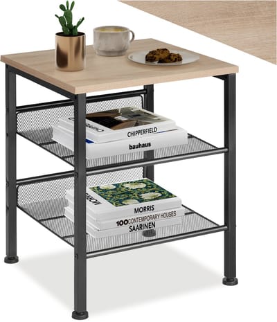 tectake® Bijzettafel met 1 plank en 2 roosterplanken - Nachtkastje in industrieel design - Voor woonkamer, slaapkamer, kantoor, hal - Eenvoudige montage - Zwart metalen frame - Afmeting (LxBxH) 40,5 x 40 x 50,5 cm - Lichtbruin