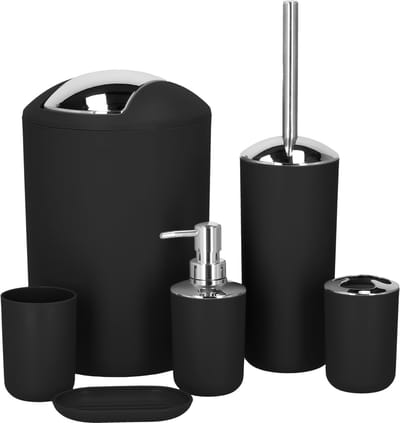 Springos Badkameraccessoiresset - Prullenbak - Toiletborstel - Zeepdispencer - Tandenborstelbeker - Zeepbak - Mok - Zwart